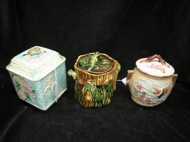 Appraisal: Majolica Pottery Covered Sugar Bowls butterfly florals tree trunk designs