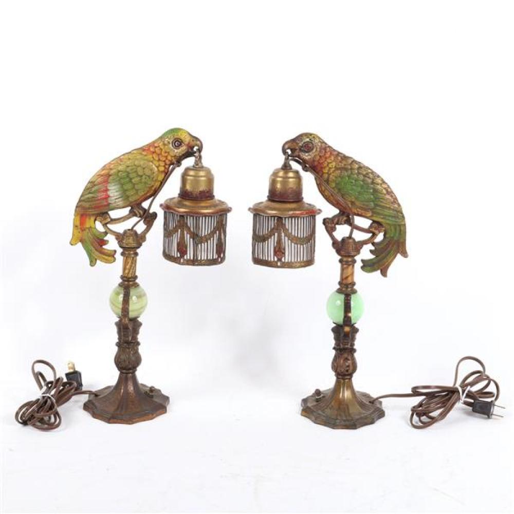 Appraisal: PAIR ART DECO POLYCHROME FIGURAL BOUDOIR PARROT LAMPS WITH PERCHED