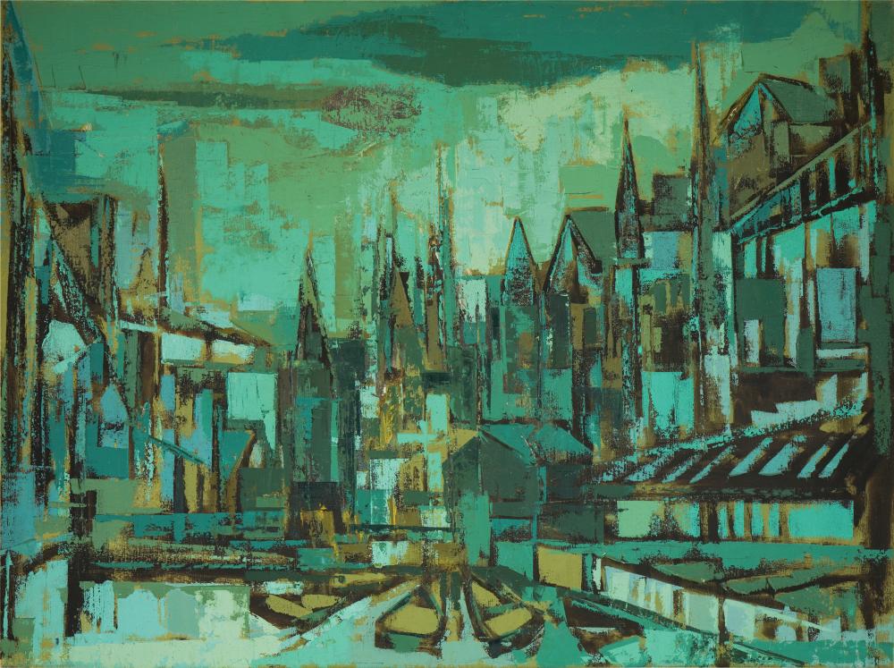 Appraisal: TH CENTURY CITY RIVERFRONT SCENEoil on canvas unsigned x inches