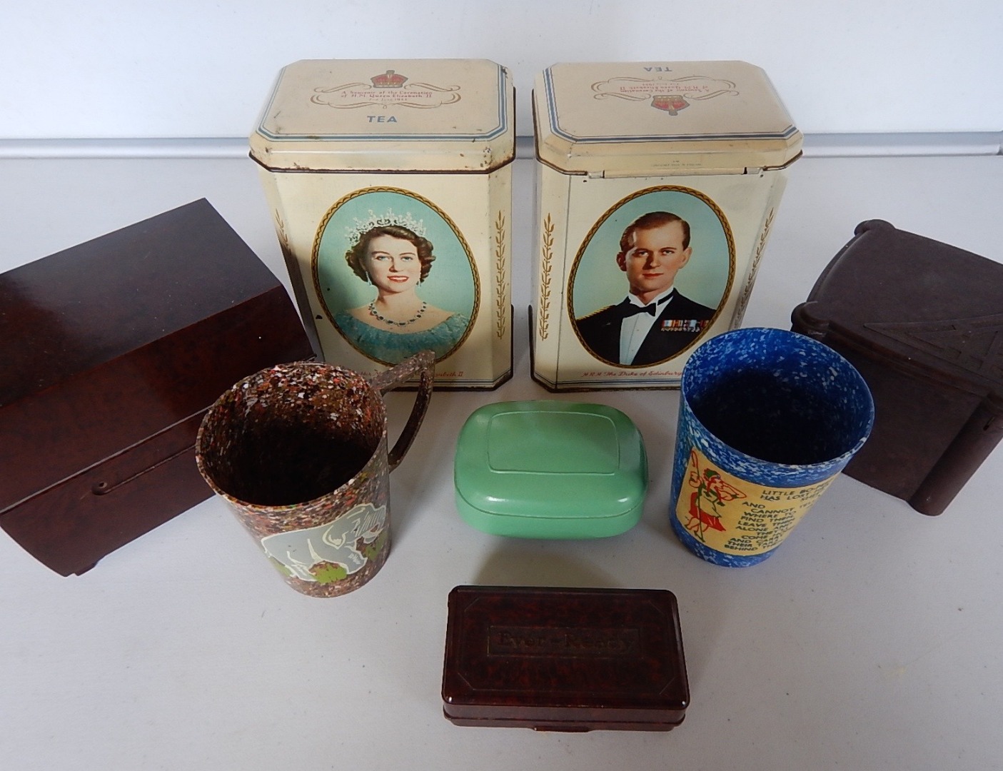 Appraisal: A collection of Bakelite boxes and two HM QEII coronation