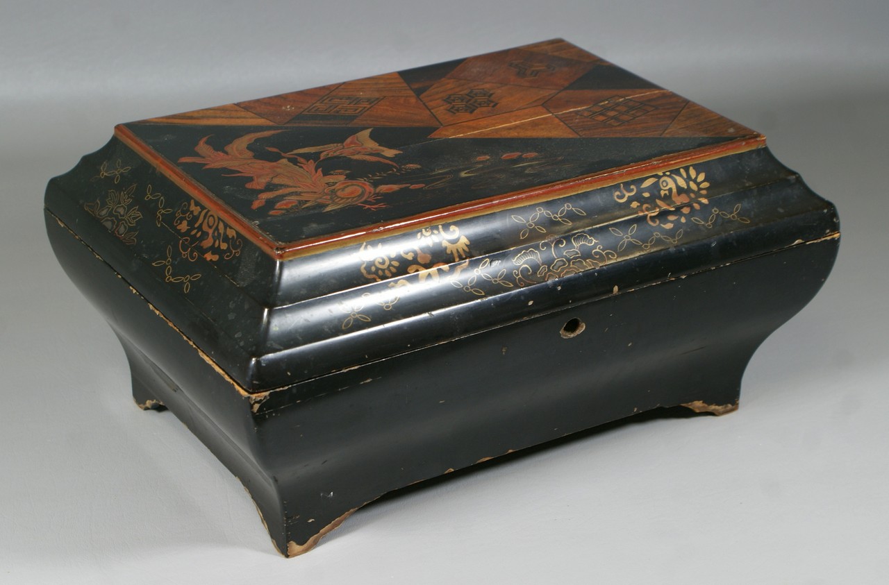 Appraisal: Japanese lacquered box top with geometric wood inlay patterns and