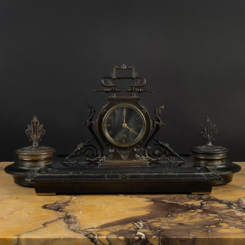 Appraisal: Napoleon III Bronze and Marble Inkstand Pen Tray and Clock