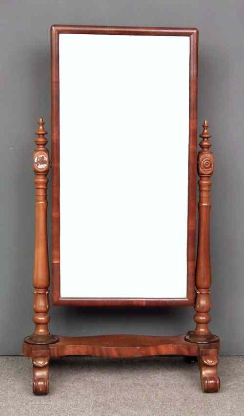 Appraisal: A Victorian figured mahogany rectangular cheval mirror with plain mirror