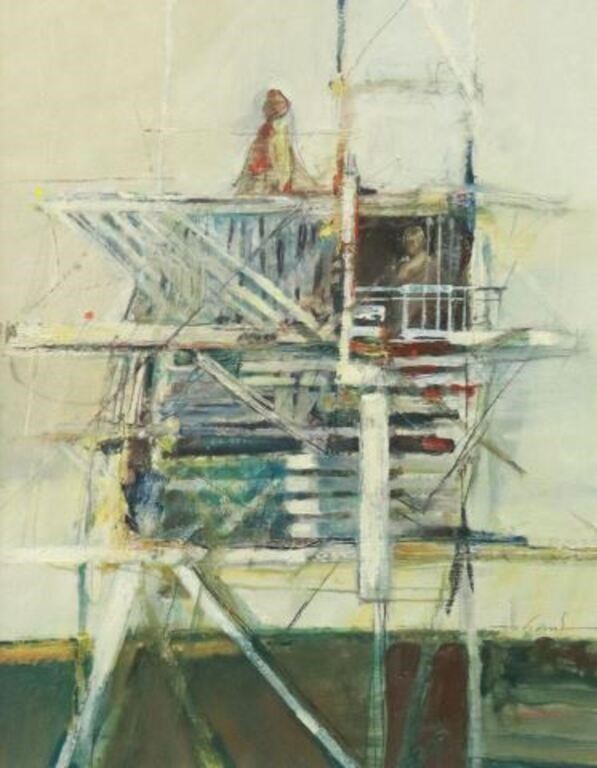 Appraisal: Framed oil and alkyd painting on paper Tower with Two