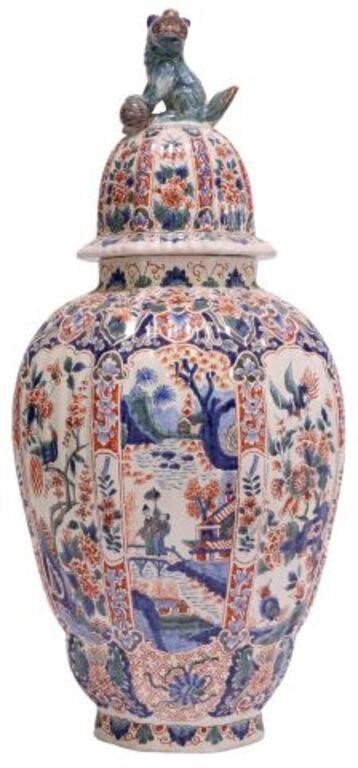 Appraisal: Delft polychrome tin-glazed earthenware lidded vase early th c domed