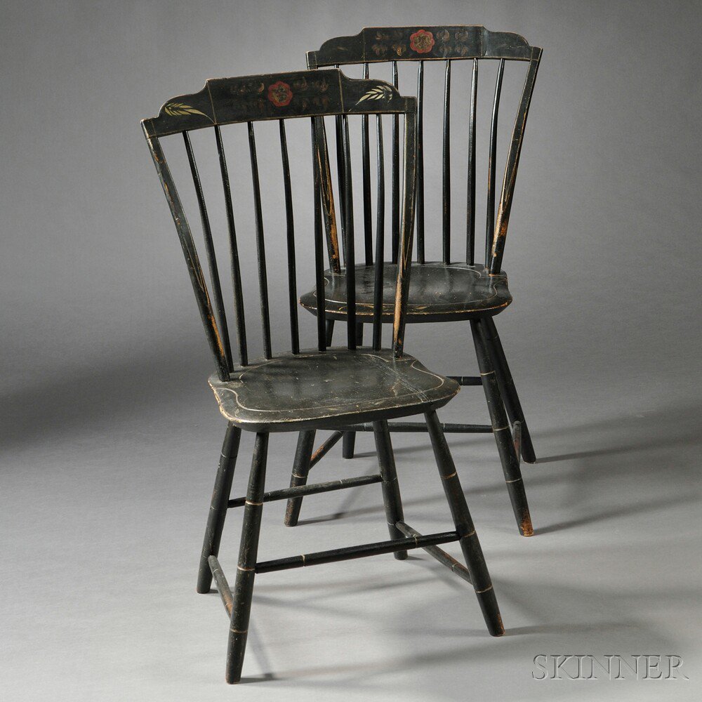 Appraisal: Pair of Paint-decorated Windsor Chairs branded E Parker Princeton Massachusetts