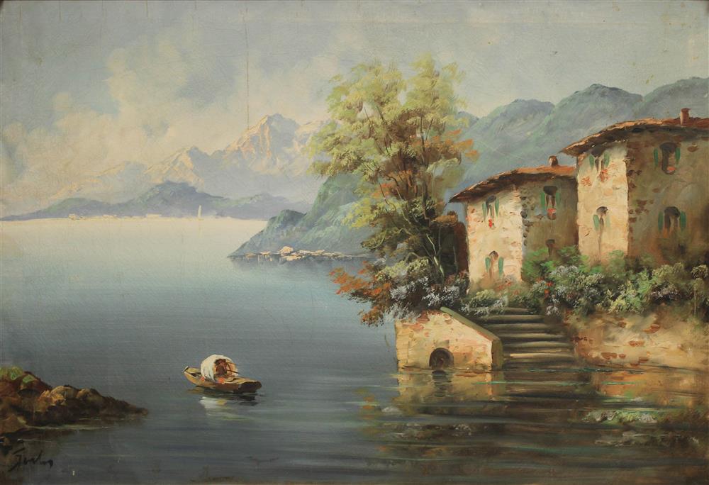 Appraisal: CONTINENTAL SCHOOL TH CENTURY VILLA BY THE WATER Oil on