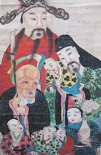 Appraisal: CHINESE SCROLL PAINTING tilted ''Three Gods'' of long life good