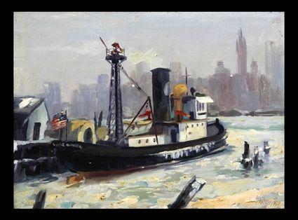 Appraisal: AMERICAN SCHOOL NEW YORK HARBOR SCENE Oil on artistboard x