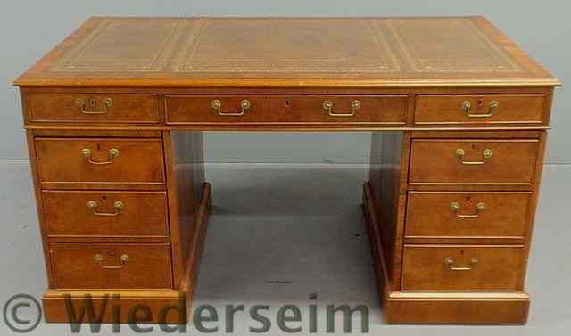 Appraisal: English burlwood partner's desk early th c with a tooled