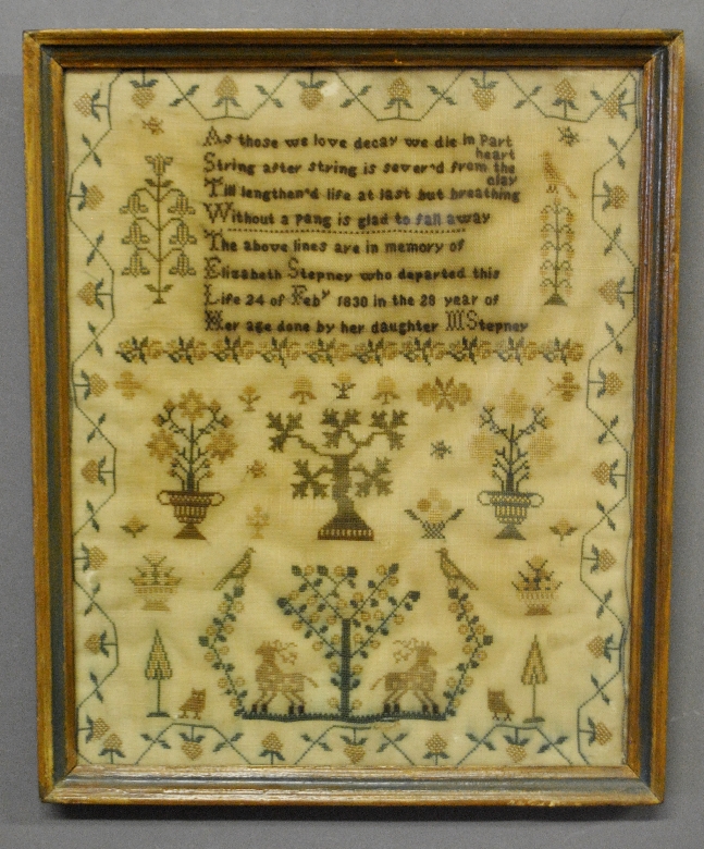 Appraisal: - Memorial needlework sampler wrought by M Stepney Site- x