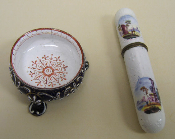 Appraisal: TWO PIECES ANTIQUE ENGLISH ENAMEL Battersea footed salt cellar cobalt