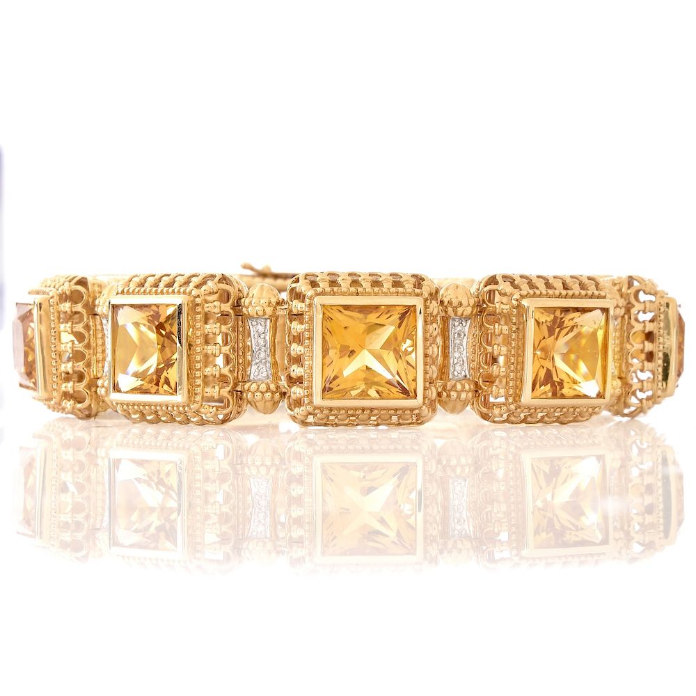 Appraisal: Citrine Diamond and Karat Yellow Gold Bracelet Nine Square Cut