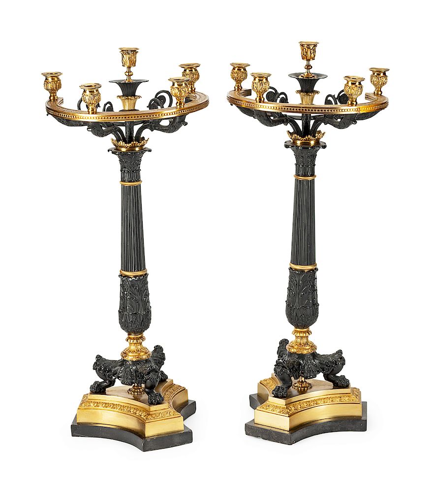 Appraisal: A Pair of Empire Style Parcel-Gilt and Patinated Bronze Five-Light