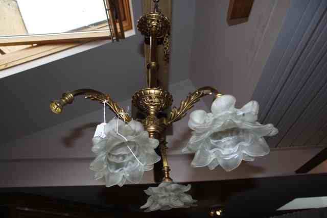 Appraisal: A BRASS THREE BRANCH CEILING LIGHT with fluted column and