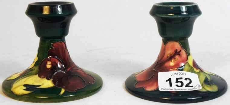 Appraisal: Moorcroft Pair of Candlesticks in the Hibiscus Design on Green