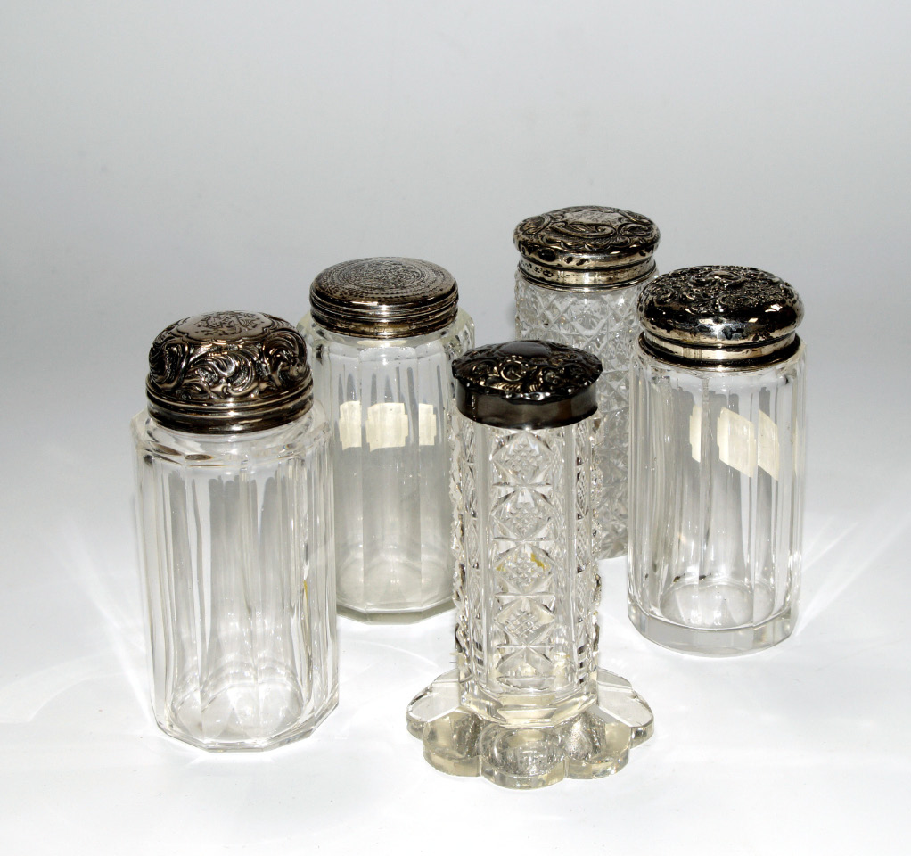 Appraisal: Five silver capped cut glass dressing table jars two with