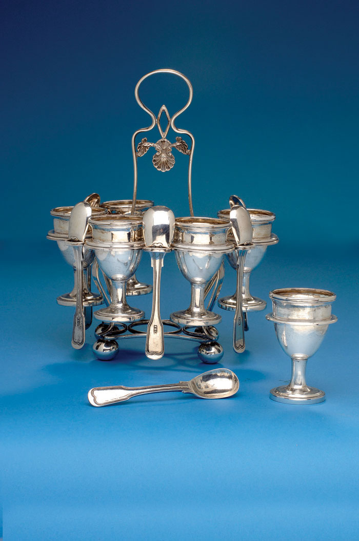 Appraisal: CHINESE EXPORT SILVER EGG CUP STAND COMPLETE WITH SIX CUPS