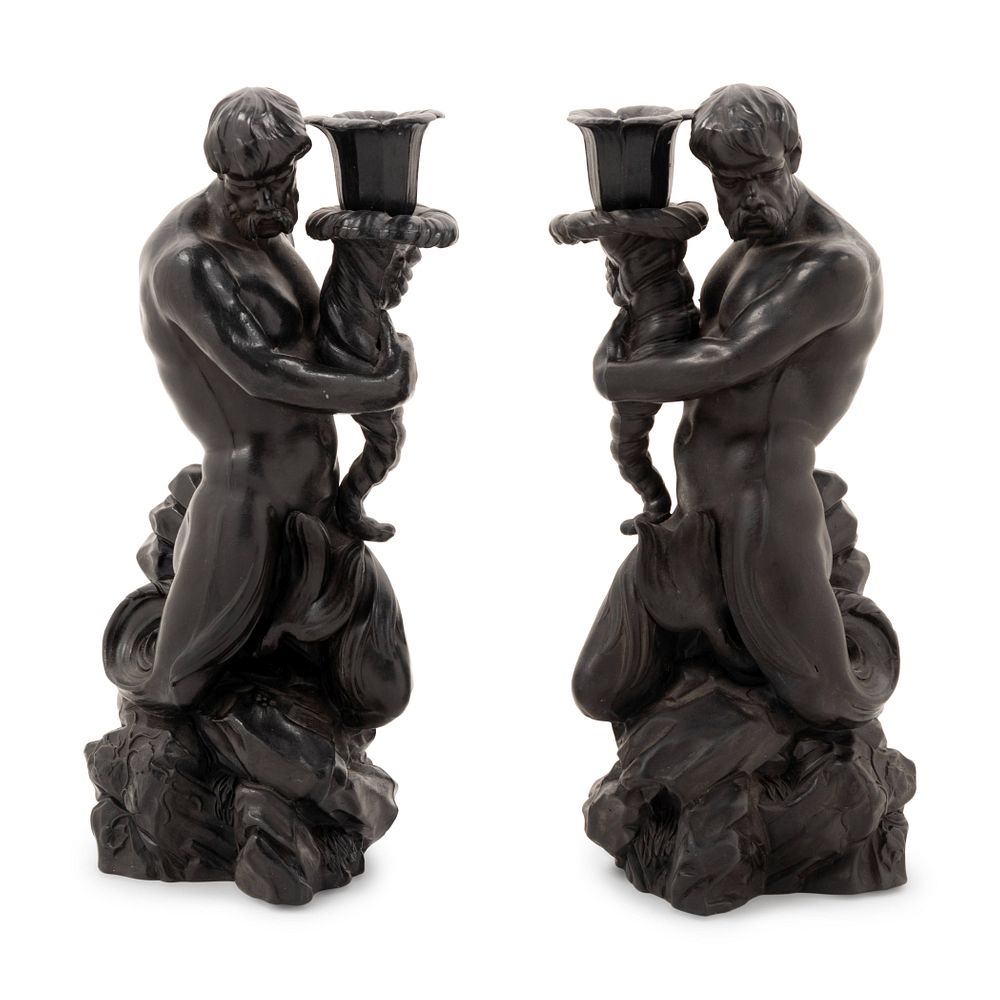 Appraisal: A Pair of Wedgwood Black Basalt Triton Candlesticks A Pair