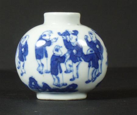 Appraisal: A Chinese blue painted porcelain table snuff bottle depicting figures