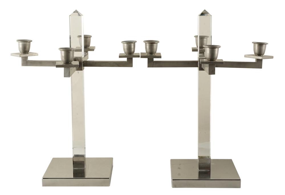 Appraisal: PAIR DECO STYLE ACRYLIC CHROMED METAL CANDELABRAProvenance The Estate of