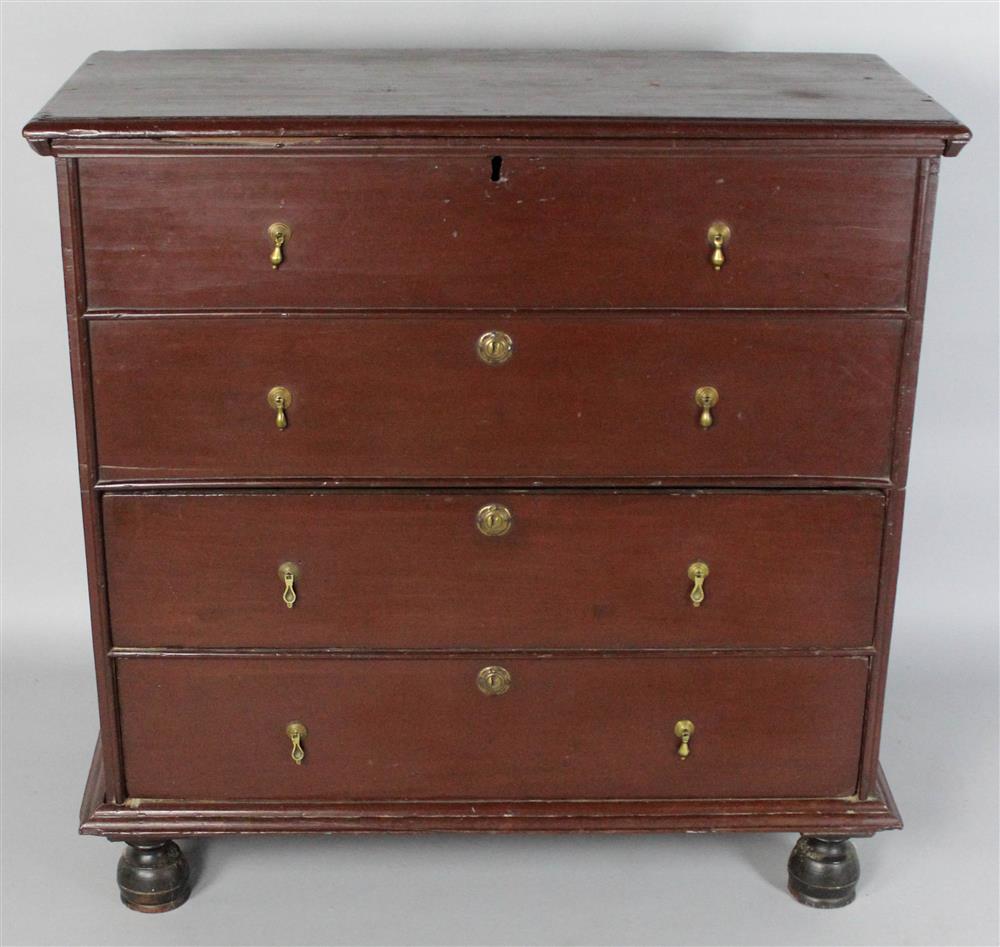 Appraisal: NEW ENGLAND WILLIAM AND MARY BROWN PAINTED PINE MULE CHEST