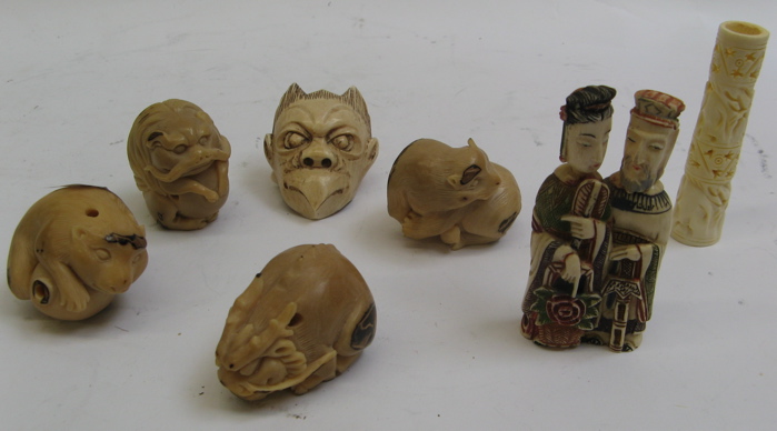 Appraisal: CHINESE TACQUA NUT AND IVORY MINIATURES pieces including a polychrome