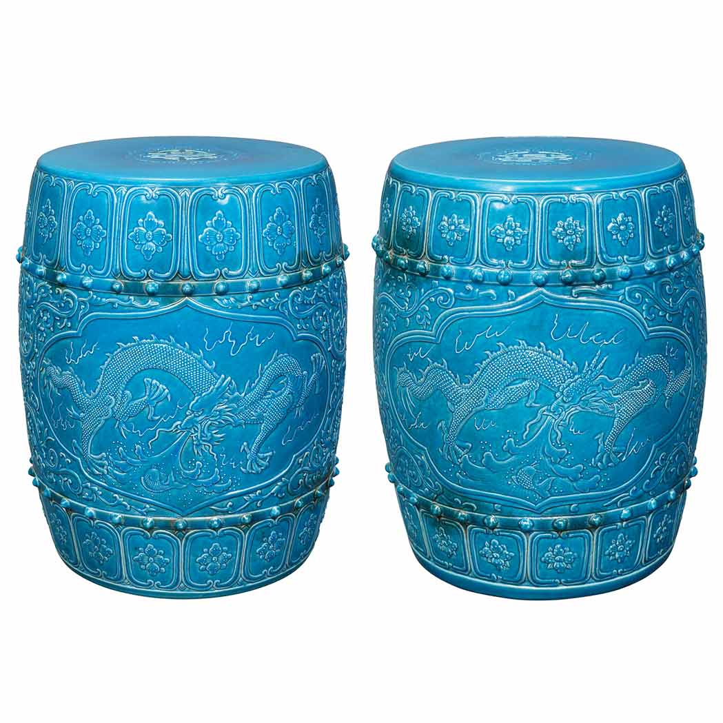 Appraisal: Pair of Chinese Turquoise Glazed Porcelain Garden Stools Each molded