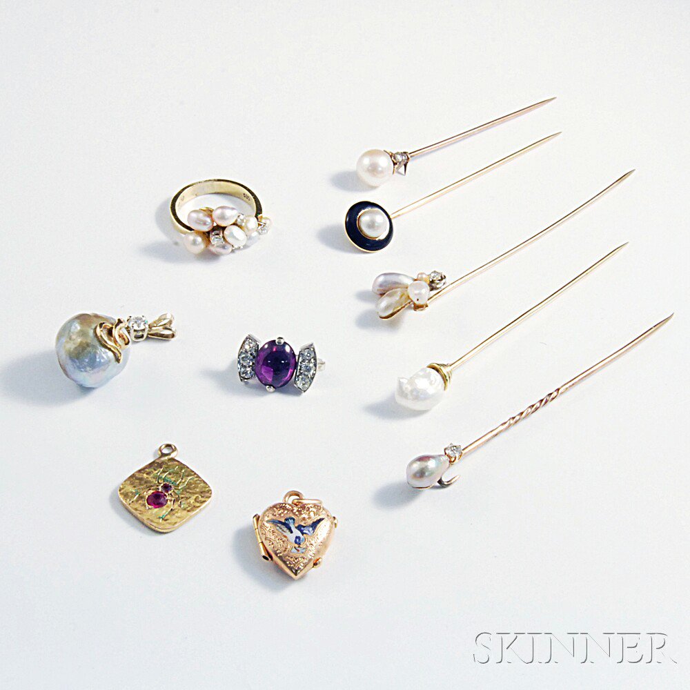 Appraisal: Five Pearl Stickpins a Pearl and Diamond Ring and Four