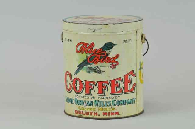 Appraisal: BLUE BIRD COFFEE TIN Five pound counter top size bright