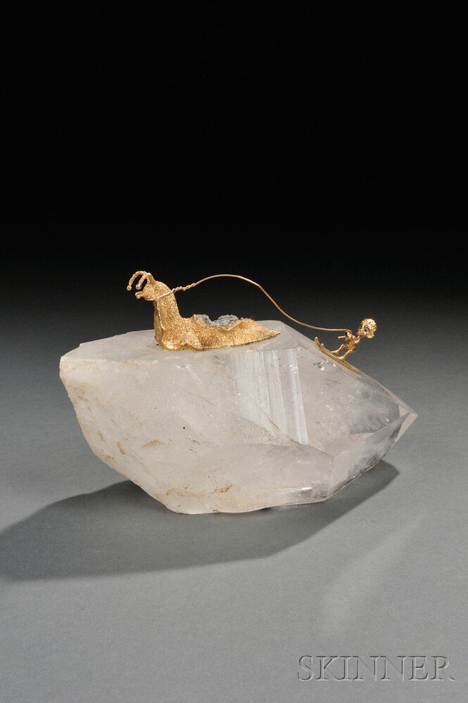 Appraisal: Gold and Quartz Sculpture th century depicting a boy skiing