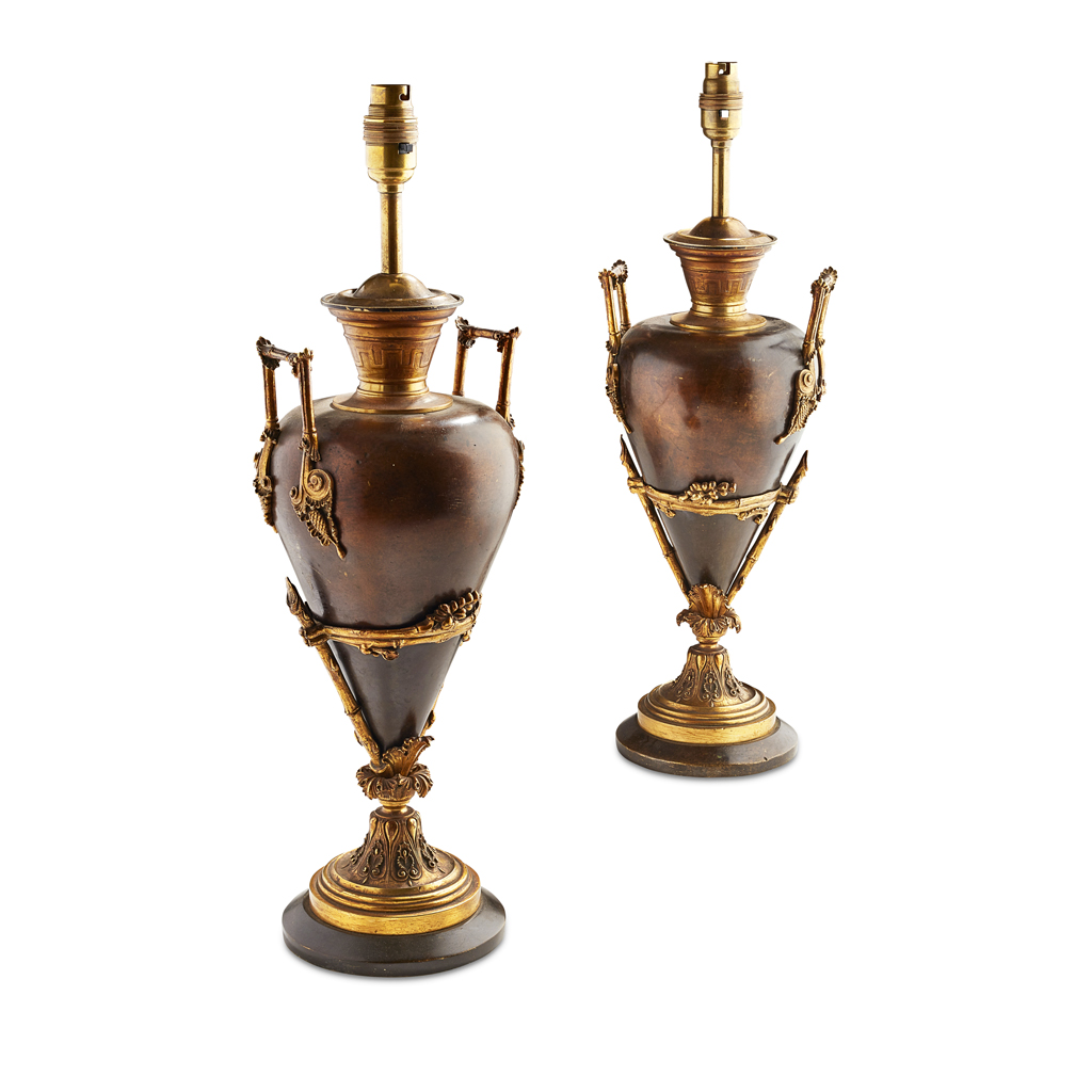 Appraisal: PAIR OF PATINATED AND GILT BRONZE LAMPS TH CENTURY each