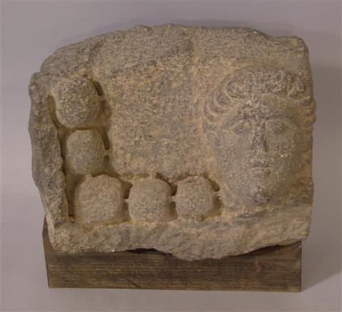 Appraisal: NEAR EASTERN GREY STONE FRAGMENT On woodblock h w d