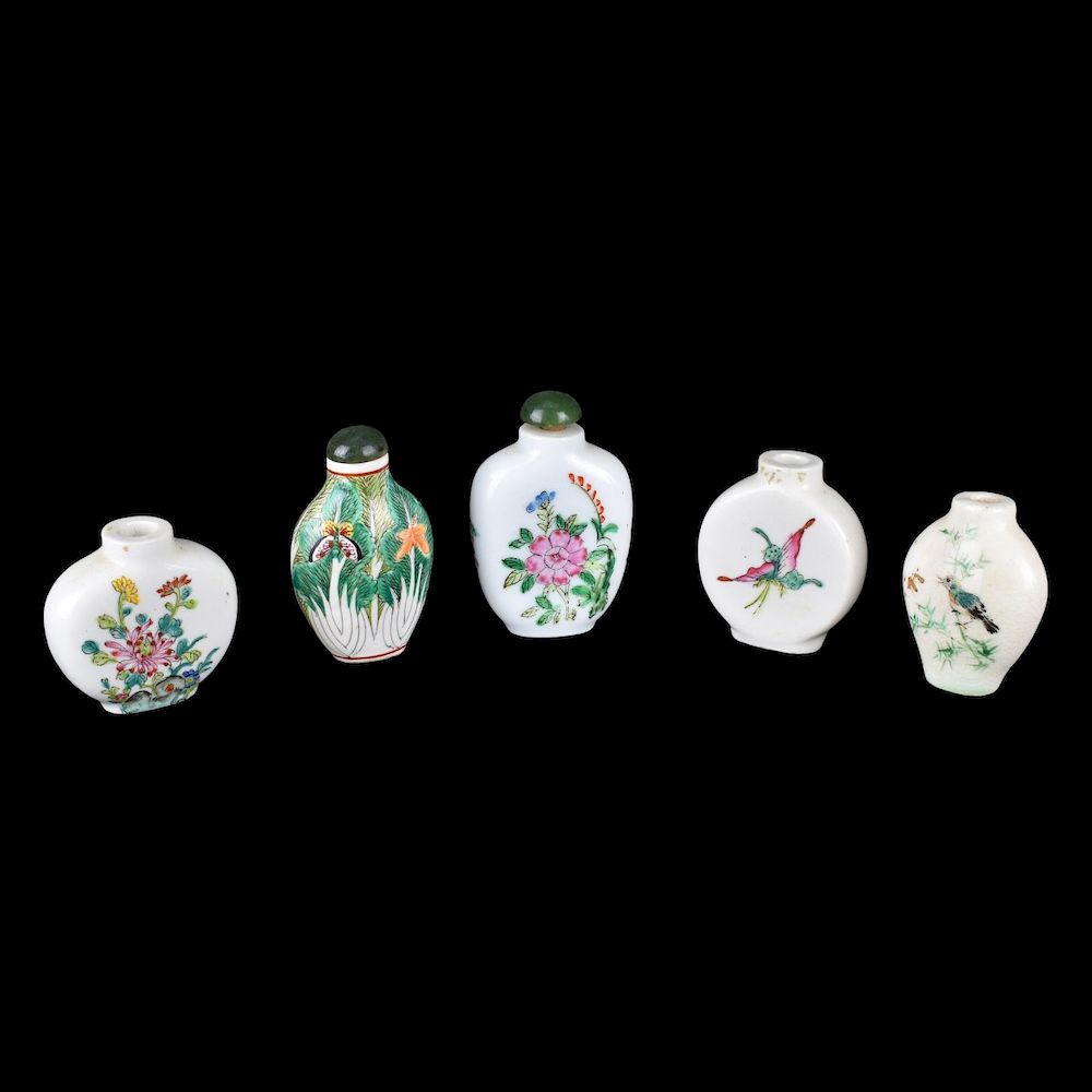 Appraisal: Five Chinese Famille Rose Snuff Bottles Five Antique Chinese Famille