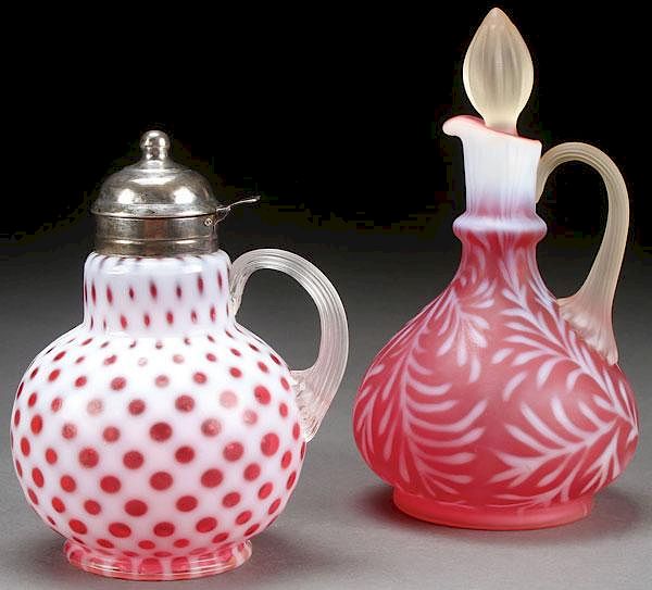 Appraisal: A VICTORIAN OPALESCENT CRANBERRY SYRUP AND CRUET A VICTORIAN OPALESCENT