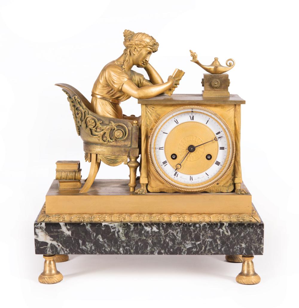 Appraisal: Empire Gilt Bronze and Verde Antico Marble La Liseuse Mantel