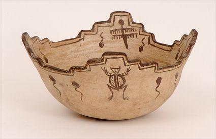 Appraisal: ZUNI TERRACED BOWL With painted water serpents frogs and dragonflies