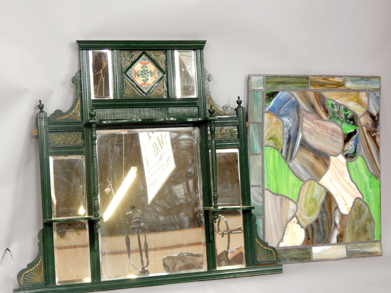 Appraisal: A Victorian wooden overmantel mirror green painted with shelf superstructure