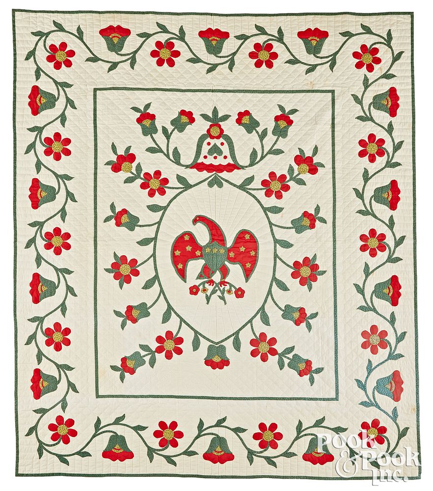 Appraisal: Appliqu eagle and floral vine quilt early th Appliqu eagle