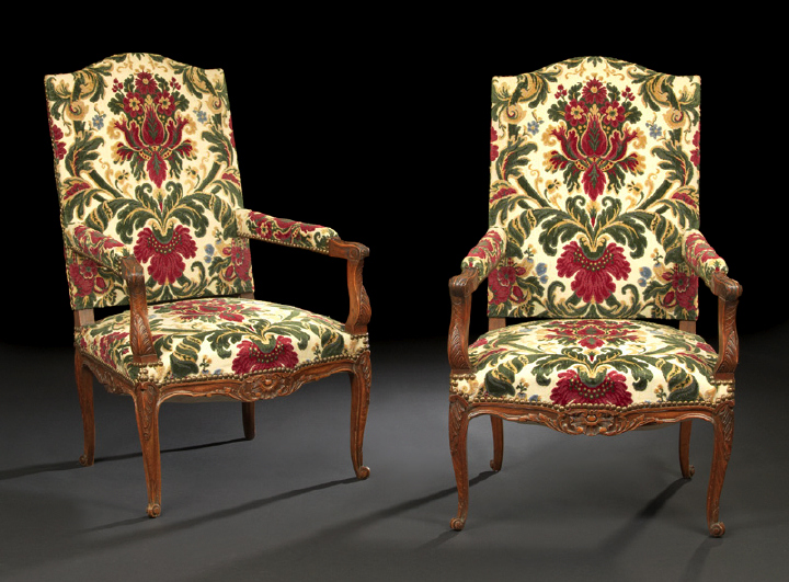 Appraisal: Pair of Louis XV-Style Carved Fruitwood Fauteuils a la Reine