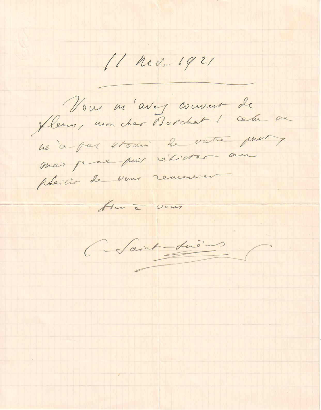 Appraisal: WRITTEN ONE MONTH BEFORE HE DIED SAINT-SAENS CAMILLE Brief Autograph