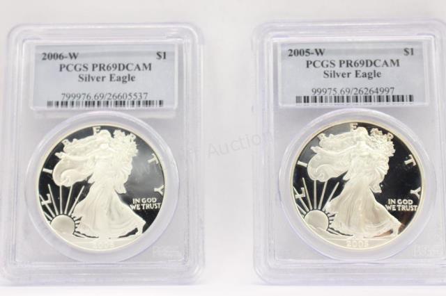 Appraisal: Two PCGS Slabbed Silver Eagles both PR DCAM including -W