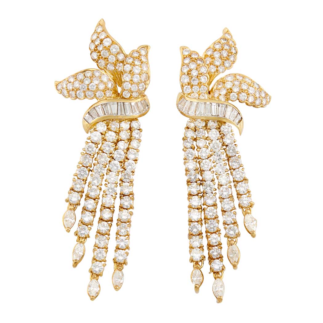 Appraisal: Pair of Gold and Diamond Fringe Earclips kt round marquise-shaped