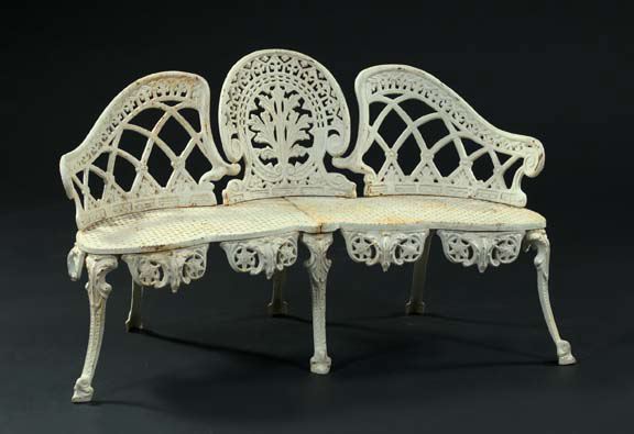 Appraisal: Neoclassical-Style Polychromed Cast-Iron Garden Bench the central crest featuring a