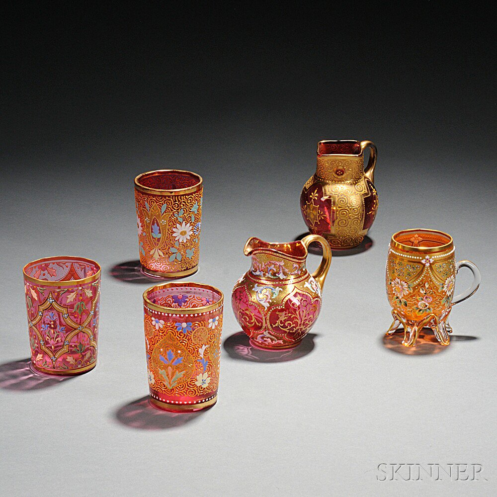 Appraisal: Six Pieces of Moser-type Gilded and Enameled Glass Bohemia late