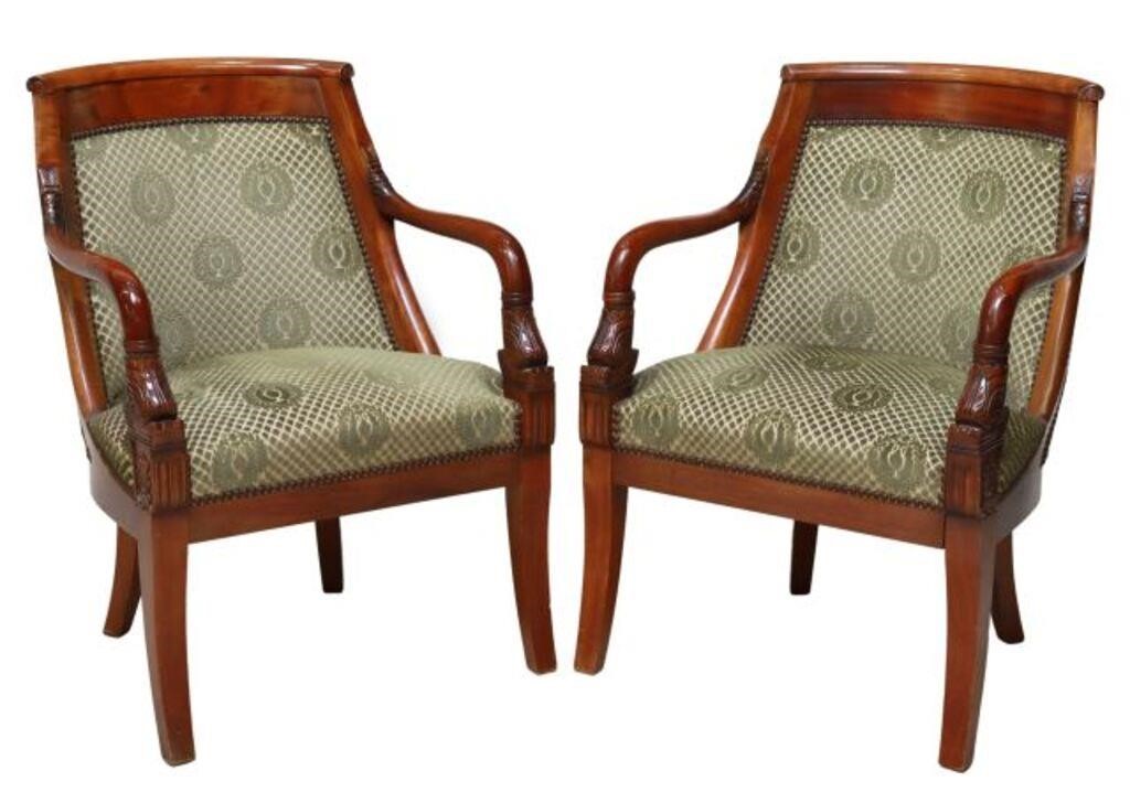 Appraisal: pair French Empire style armchairs th c curved back stylized