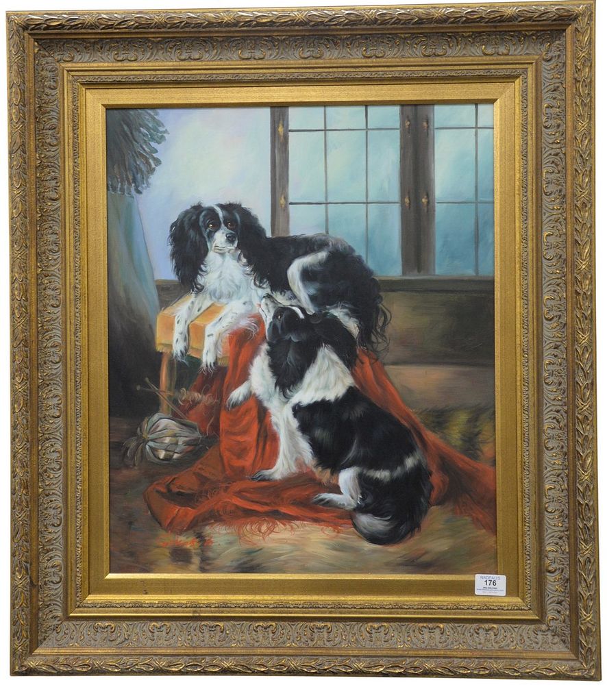 Appraisal: Portrait of Two Black and White Spaniels acrylic on canvas