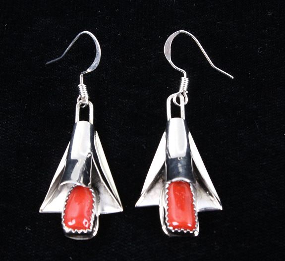 Appraisal: Navajo Silver Coral Squash Blossom Earrings Included in this lot