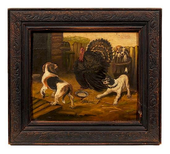 Appraisal: American School th Century Two Dogs and a Turkey American