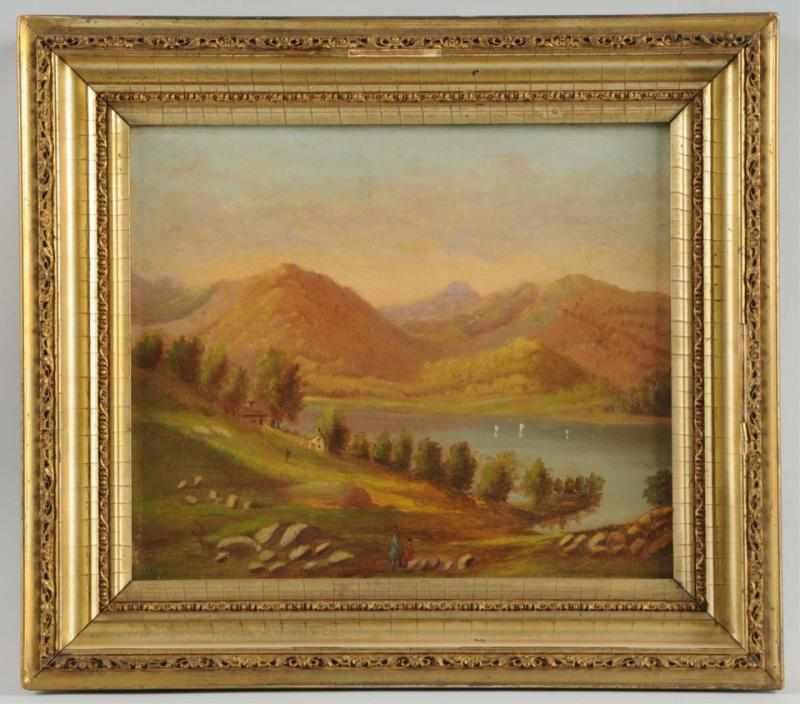 Appraisal: Oil on Canvas of Lake Mountain Scene Unsigned Gold gilt